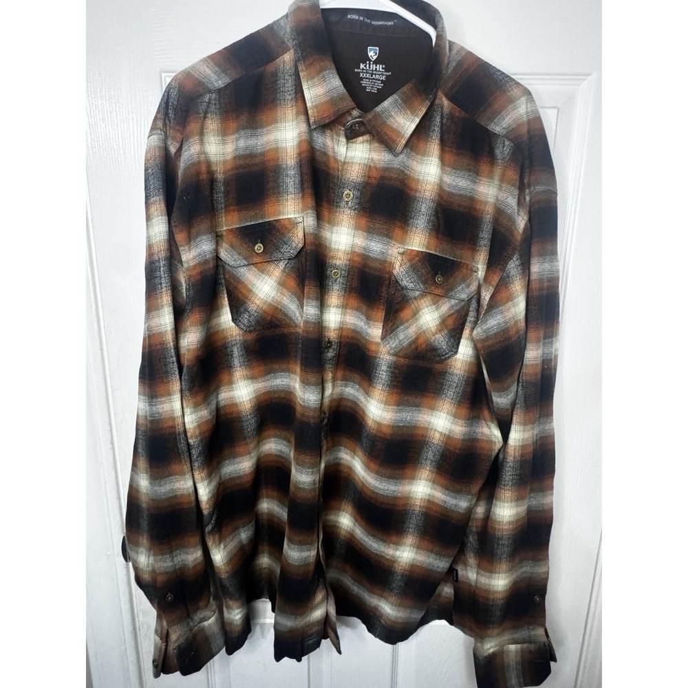 Kuhl Plaid Flannel Shirt Mens Brown Orange Outdoor Hiking Gorpcore Heavy Cotton - Picture 2 of 9